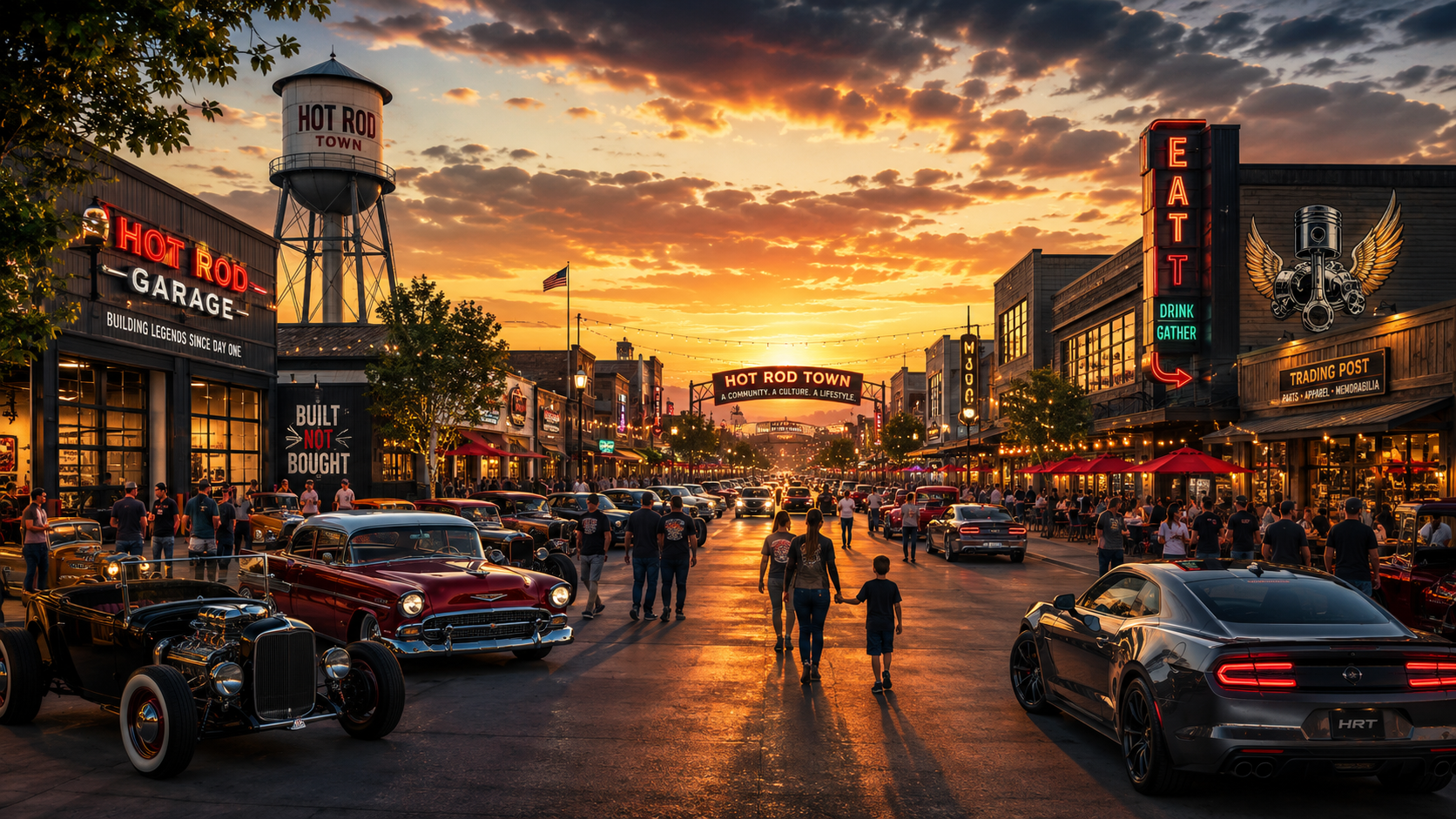Concept rendering of Main Street at Hot Rod Town, where classic cars, automotive enthusiasts, restaurants, and entertainment create America's Automotive Hometown.