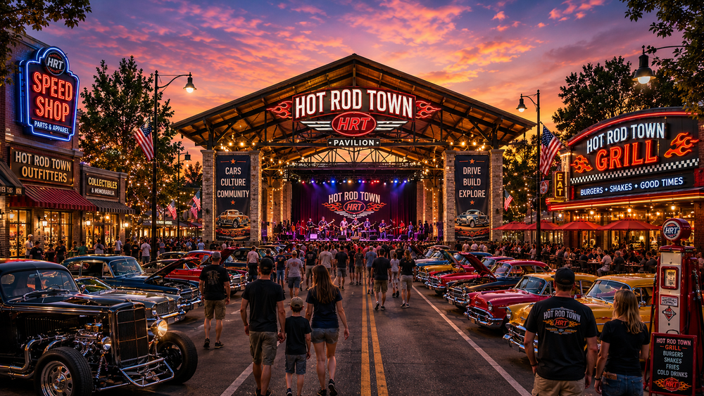 Live entertainment, classic cars, and community events at Hot Rod Town Garage's year-round automotive destination.