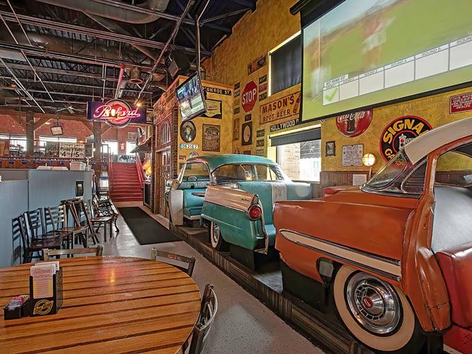 Classic car-themed restaurant and specialty retail creating a unique shopping and dining experience at Hot Rod Town Garage.