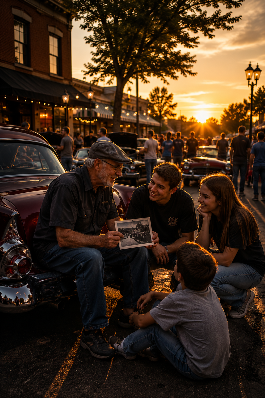 Automotive enthusiasts sharing stories and traditions across generations, celebrating the community and culture of Hot Rod Town Garage.