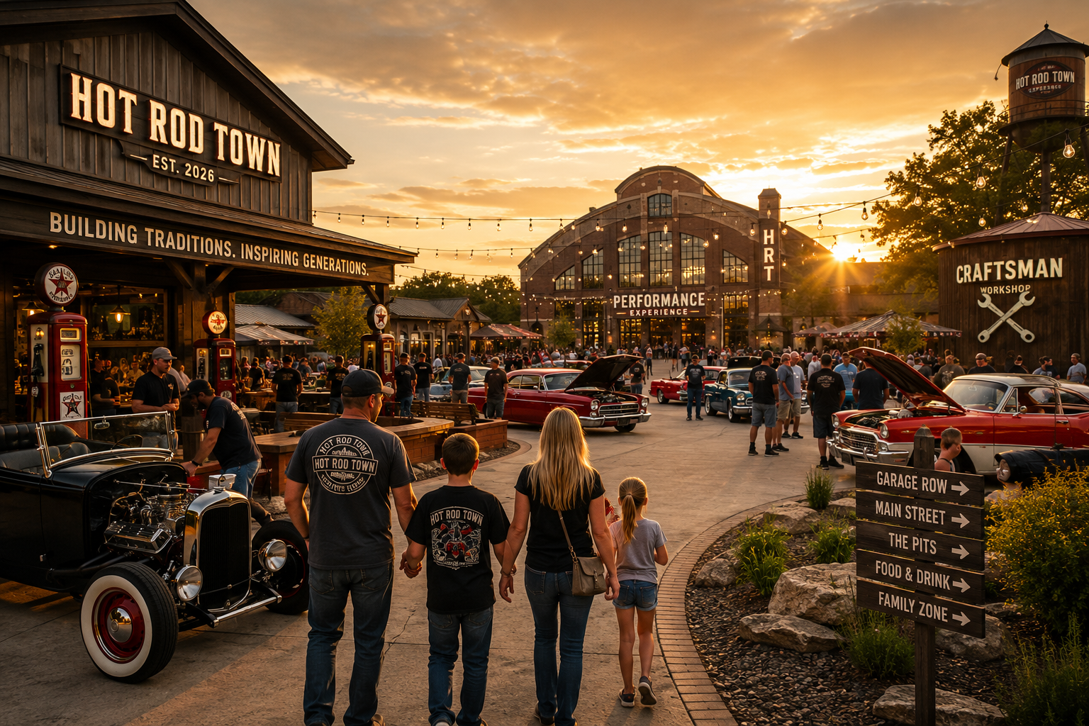Concept rendering of Hot Rod Town, America's Automotive Hometown, where families and automotive enthusiasts gather to celebrate classic cars, community, and car culture.
